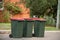 Australian garbage wheelie bins with red lids for general household waste lined up on the street kerbside