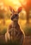 Australian kangaroo against a vivid sunset light. Blurred green background