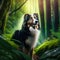 Australian shepherd dog in the forest. Blue merle Australian shepherd in the forest. AI generated