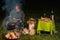 Australian Shepherd dog is lying by the campfire, the kettle is cooking and steaming, The woman is reading a book, sitting in