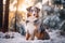 Australian Shepherd full-length Against the backdrop of a beautiful winter forest . Ai Generated