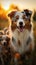Australian Shepherd and puppies frolicking in meadow at golden sunset