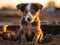 Australian Shepherd puppy bathed in dawn light, muddy after play. Homeless dog living on the street. Rescue, care of homeless