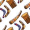 Australian symbols boomerangs horn and tom tom seamless pattern
