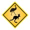 Australian traffic sign with emu and kangaroo. Yellow wildlife road sign with animals silhouettes.