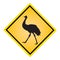 Australian traffic sign with emu. Yellow wildlife road sign with animal silhouette.