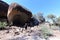 Australian woman hiker looking at Hippo`s Yawn Rock Hyden Western Australia