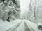 Austria. Driving shot, driver point-of-view. Footage driving on road during a snowfall