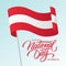 Austria Happy National Day, october 26 greeting card with waving austrian national flag and hand lettering text design.