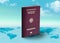 Austria Passport on world map with clouds in background