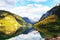 Austria, Salzburg County, View of Lake Vorderer Gosausee with mountains