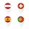 Austria, Switzerland, Spain, Portugal flag location map pin icon