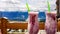 Austria - Two wild berries milk shakes standing on a wooden table with a view on high Austrian Alps. There is a green straw