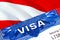 Austria Visa in passport. USA immigration Visa for Austria citizens focusing on word VISA. Travel Austria visa in national