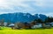 Austrian alps, Green meadows, alpine cottages and mountain peaks