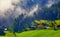 Austrian Alps Mountains. Alpine Village. Foggy clouds on trees