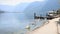 Austrian village, swans eating in the muddy water of the lake, shore of the lake, alps view