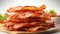 Authentic 32k Uhd Bacon Stack On Wooden Surface With Smokey Background