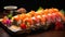 Authentic asian cuisine: fresh sushi and seafood dish with healthy rice on a dark background