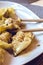 Authentic Asian Lunchtime Homemade Chinese Dumplings Chopsticks Plate Soy Sauce. Vintage Look