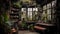authentic Classic Garden glass room with dropped plants interior with rusty metal shelves