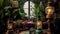 authentic Classic Garden glass room with dropped plants interior with rusty metal shelves