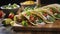 Authentic Flavors. Tacos Lovingly Arranged on a Traditional Wooden Slab. Generative AI