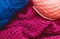 Authentic hanks of bright yarn for knitting with copyspace