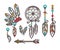 Authentic indjun culture objects with feathers illustration set