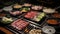 Authentic Korean BBQ Experience, Grilled-to-Perfection Meats, Fresh Vegetables, and Traditional Korean Sauces. Generative AI