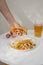 Authentic mexican tacos with beer. Mexican tacos with ground meat, beef, beans, onions and salsa