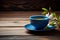 Authentic Minimalist Photography: Chinese Tea Served in Blue Porcelain Cup on Warm Wooden Background, Generative Ai