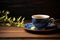 Authentic Minimalist Photography: Chinese Tea Served in Blue Porcelain Cup on Warm Wooden Background, Generative Ai