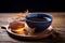 Authentic Minimalist Photography: Chinese Tea Served in Blue Porcelain Cup on Warm Wooden Background, Generative Ai