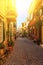 Authentic narrow colorful mediterranean street in Cretan town of Chania, island of Crete, Greece