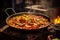 Authentic Paella Amidst Bustling Spanish Marketplace Vibrancy