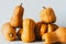 Authentic rustic pumpkin of different shapes with flaws , scratches and imperfections on white background,Fall background, harvest