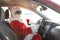 Authentic Santa Claus driving car, view inside