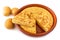 Authentic Spanish potato omelet called tortilla de patatas isolated on white background. Egg Omelette