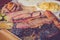Authentic Texan American Smoke Barbecue Meat with Side dishes Coleslaw Macaroni and cheese