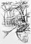 The author\\\'s black and white drawing of a landscape park picture. Romantic park. Walking road with a turn.