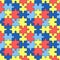 Autism puzzles pattern. Seamless background with outline colorful yellow, blue and red puzzle pieces. World Autism Awareness Day