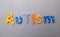 Autism word spelled out in bright colorful patterened letters on brushed metal background