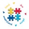 Autism World Awareness Day. Puzzle pieces of different colors. Words love, teach, accept, understand around. Autism