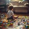 An autistic boy sits in the middle of the room among scattered puzzles. Created by artificial intelligence