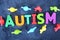 Autistic child concept with colorful plastic letter spelling autism on dark background