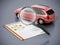 Auto expertise concept. Magnifying glass on the model car with test results. 3D illustration