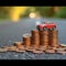 Auto finance Coins, piggy bank, and car model depict insurance