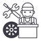 Auto mechanic,battery wheel,screwdriver and wrench vector line icon, sign, illustration on background, editable strokes