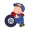 Auto Mechanic Boy Leaning Against a Car\'s Tire